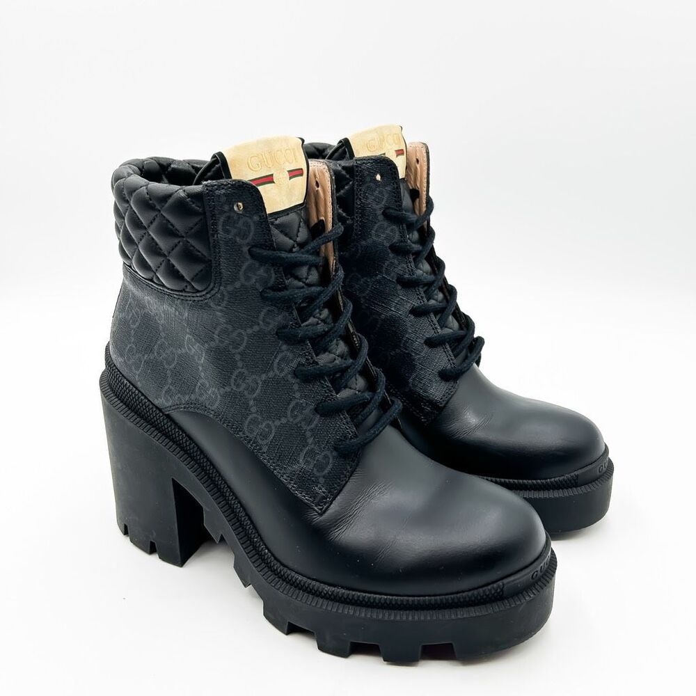 Gucci Boots GG Supreme Apollo Lug Sole Black Leather Canvas 37, 7 - Picture 2 of 14